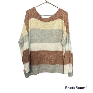Cozy Casual Women’s 2X Plus Tan & Ivory Striped Loose Knit Long Sleeve Sweater